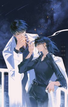 Rule 34 | 1boy, 1girl, against railing, black eyes, black hair, black shirt, bob cut, cigarette, cigarette kiss, coat, coat on shoulders, collared shirt, contrapposto, cowboy shot, embers, goo g000, hair flowing over, han sooyoung, hetero, highres, holding, holding cigarette, holding lighter, kim dokja, lighter, looking at another, matching outfits, meteor shower, night, omniscient reader's viewpoint, open clothes, open coat, popped collar, railing, shirt, short hair, sky, skyline, smirk, smoking, sparkle, star (sky), starry sky, white coat