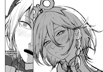 2girls absurdres blush cecilia_immergreen cecilia_immergreen_(1st_costume) chainsaw_man closed_mouth english_text gigi_murin gigi_murin_(1st_costume) greyscale hair_between_eyes highres hololive hololive_english kizuru09 looking_at_viewer monochrome multiple_girls open_mouth scene_reference sharp_teeth smile teeth virtual_youtuber winding_key yuri