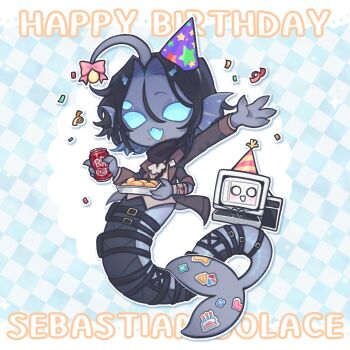 Rule 34 | 1boy, anglerfish boy, ascot, bandaged arm, bandages, blood, bloody bandages, blue background, blue eyes, blue skin, brown coat, can, checkered background, chibi, coat, colored skin, commentary, computer, confetti, crt, dr pepper, drink can, english commentary, english text, extra arms, extra eyes, fangs, fins, food, food on face, full body, happy birthday, hat, head fins, highres, holding, holding can, illicium, looking at viewer, male focus, merman, monitor, monster boy, painter (pressure), party hat, pressure (roblox), sebastian solace, skin fangs, soda can, solo, sticker, yoona cwc