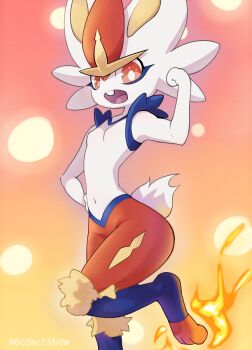 1girl absurdres animal_feet animal_nose arm_up artist_name blue_fur body_fur breasts bright_pupils buck_teeth cinderace clenched_hand female_focus fire flexing furry furry_female gen_8_pokemon gradient_background hand_on_own_hip highres leg_up looking_at_viewer multicolored_fur narrow_waist navel nintendo noconcession open_mouth pokemon pokemon_(creature) pyrokinesis rabbit_ears rabbit_girl rabbit_tail red_background red_eyes red_fur red_hair short_hair short_tail signature small_breasts solo standing standing_on_one_leg stomach tail teeth white_fur white_pupils wide_hips yellow_fur