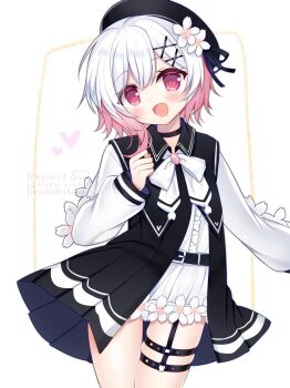 1girl :d beret black_choker black_dress black_hat choker commentary_request cowboy_shot dress fang flower gradient_hair hair_flower hair_ornament hat highres long_sleeves looking_at_viewer mahou_shoujo_no_majo_saiban multicolored_hair neck_ribbon o-ring o-ring_thigh_strap open_mouth pink_eyes pink_hair ribbon sakuraba_ema shikito_(yawa0w0) shirt short_hair shorts smile solo standing thigh_strap white_flower white_hair white_ribbon white_shirt white_shorts x_hair_ornament