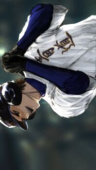 1boy ace_of_diamond baseball baseball_bat baseball_helmet baseball_jersey baseball_uniform blurry blurry_background brown_hair goggles hashtag-only_commentary helmet highres holding holding_baseball_bat jersey male_focus miyuki_kazuya open_mouth short_hair sideways solo sportswear teeth upper_teeth_only yongyon5010