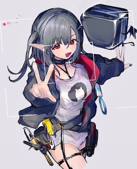 Rule 34 | 1girl, arknights, black choker, black collar, black hair, black jacket, black nails, breasts, choker, closure (arknights), collar, collarbone, commentary request, cropped legs, drone, grey background, hair between eyes, highres, id card, jacket, lanyard, long hair, long sleeves, nugope (10daikun osi), open clothes, open jacket, open mouth, pointy ears, recording, red eyes, shirt, simple background, sketch, smile, solo, tool belt, two-sided fabric, two-sided jacket, v, viewfinder, white shirt