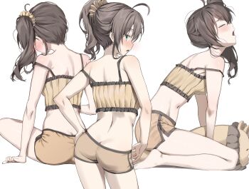 1girl absurdres ahoge aqua_eyes ass back backboob bare_arms bare_legs bare_shoulders barefoot between_legs blush breasts brown_hair butt_crack camisole commentary contrapposto crop_top dolphin_shorts ebi_frion_(natsuiro_matsuri) facing_up food frilled_camisole frills from_behind from_side hair_ornament hair_scrunchie hand_on_own_hip highres hololive hunched_over leaning_forward long_hair looking_at_viewer looking_back mascot median_furrow medium_breasts micro_shorts midriff multiple_views nape natsuiro_matsuri natsuiro_matsuri_(matsuri&#039;s_day_off) navel nose_blush open_mouth orange_shorts ponytail profile raised_inner_eyebrows ribbed_camisole scarlet_(wv0102) scrunchie seiza shorts shoulder_blades shrimp shrimp_tempura side_ponytail side_slit sideways_glance sideways_mouth simple_background single_off_shoulder sitting sleepwear spread_legs standing strap_slip stuffed_animal stuffed_lion stuffed_toy sweatdrop symbol-only_commentary taut_clothes taut_shorts tears tempura toes turning_head variant_set virtual_youtuber white_background yawning yellow_camisole yellow_scrunchie yellow_shorts
