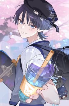 1boy backpack bag beret black_bag black_hat blue_eyes blunt_ends cherry_blossoms choppy_bangs commentary_request contemporary cranberry11_207 cup disposable_cup drinking_straw eyeliner fingernails from_side genshin_impact grey_hair grey_sweater_vest hat holding holding_cup holding_skateboard ice ice_cube incoming_gift korean_commentary light_blush looking_at_viewer makeup male_focus official_alternate_costume open_mouth outdoors pink_lips red_eyeliner scaramouche_(cat)_(genshin_impact) scaramouche_(genshin_impact) school_uniform shirt short_sleeves skateboard solo sweater_vest tsurime undershirt wanderer_(genshin_impact) wanderer_(mega_mgc_coffee)_(genshin_impact) white_mouth white_shirt white_sleeves