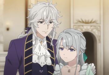 1boy 1girl aurelia_canao_naysha_faurecia black_eyes demon_boy dress grey_hair long_hair princess purple_eyes travis unnamed_memory upper_body