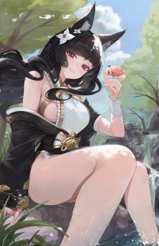 1girl absurdres animal_ear_fluff animal_ears bare_legs bare_shoulders bird bird_on_hand black_hair black_jacket blunt_bangs blush bottomless breasts commentary flower fox_ears fox_girl grin hair_flower hair_ornament highres hoshimi_miyabi hoshimi_miyabi_(dignified_blossom) jacket large_breasts looking_at_viewer malsuk official_alternate_costume red_eyes shirt sideboob smile soaking_feet solo white_flower white_shirt zenless_zone_zero