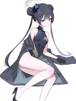 Rule 34 | 1girl, adelie cat, bare legs, bare shoulders, black coat, black dress, black hair, black shoes, blue archive, breasts, butterfly hair ornament, china dress, chinese clothes, coat, commentary, double bun, dragon print, dress, grey eyes, hair bun, hair ornament, halo, high heels, highres, kisaki (blue archive), long hair, long sleeves, looking at viewer, no panties, off shoulder, pelvic curtain, print dress, shoes, short dress, simple background, sitting, sleeveless, sleeveless dress, small breasts, solo, striped coat, thighs, twintails, very long hair, white background, yokozuwari