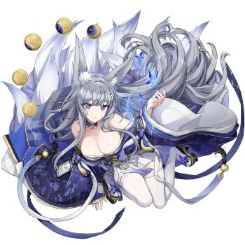 animal_ear_fluff animal_ears azur_lane blue_butterfly blue_collar blue_garter_straps blue_kimono breasts bug butterfly cleavage closed_mouth collar cosplay dolphin_wave fox_ears fox_girl fox_tail game_cg grey_hair highres insect japanese_clothes kimono kitsune kyuubi large_breasts large_tail long_hair multiple_tails non-web_source official_alternate_costume official_art ootomo_takuji platform_clogs purple_eyes shinano_(azur_lane) sitting skirt_under_kimono suminoe_shion tail thighhighs transparent_background white_tail white_thighhighs