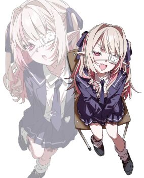 Rule 34 | 1girl, :d, :o, black shoes, blazer, blue jacket, blue necktie, blue ribbon, blue sailor collar, blue skirt, blush, chair, collared shirt, colored inner hair, drill hair, eyepatch, fang, fangs, from above, full body, grey hair, hair intakes, hair over shoulder, hair ribbon, heart, highres, jacket, lapels, leg ribbon, leg tattoo, long hair, long sleeves, looking at viewer, loose socks, makaino ririmu, medical eyepatch, miniskirt, monitoring (vocaloid), multicolored hair, multiple views, necktie, nijisanji, notched lapels, official alternate costume, official alternate hairstyle, on chair, open clothes, open jacket, open mouth, parted lips, pink hair, pink streaks, pleated skirt, pointy ears, projected inset, red eyes, ribbon, sailor collar, samehara szk, school chair, school uniform, shirt, shirt tucked in, shoes, sidelocks, sitting, skirt, sleeves past fingers, sleeves past wrists, smile, socks, standing, standing on one leg, streaked hair, tattoo, tie clip, two-tone hair, two side up, v-shaped eyebrows, v arms, virtual youtuber, white background, white shirt, white socks, winged heart, winged heart tattoo