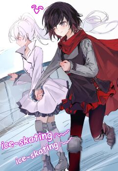 2girls akane031 black_hair blush cape highres holding_hands ice_skates ice_skating multiple_girls one_eye_closed ponytail red_cape red_hair ruby_rose rwby scar scar_across_eye scar_on_face short_hair skates skating weiss_schnee white_hair yuri