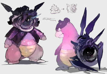 Rule 34 | absurdres, alternate form, cloyster, commentary request, dated, galarian slowbro, galarian slowking, gen 1 pokemon, grey background, highres, nintendo, no humans, open mouth, pokemon, pokemon (creature), reference inset, shadow, signature, spiked shell, standing, sukepmonster