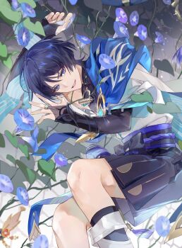 1boy absurdres blue_flower blue_hair blue_pupils blurry bridal_gauntlets chinese_commentary curled_up depth_of_field eyeliner flower genshin_impact guilingshy highres holding holding_flower japanese_clothes jewelry looking_at_viewer lying makeup multicolored_eyes on_side open_mouth pendant pink_lips plant red_eyeliner reflection reflective_water scaramouche_(genshin_impact) short_hair short_sleeves shorts smile solo teeth vision_(genshin_impact) wanderer_(genshin_impact) water wide_sleeves