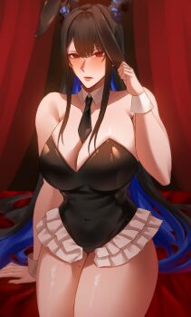 1girl absurdres animal_ears asymmetrical_horns bare_shoulders black_hair black_leotard blue_hair blush breasts cleavage colored_inner_hair covered_navel crystal_horns curtains demon_horns detached_collar fake_animal_ears flower hair_ornament highleg highleg_leotard highres hololive hololive_english horn_flower horns large_breasts leotard linyi long_hair looking_at_viewer mole mole_under_eye multicolored_hair nerissa_ravencroft playboy_bunny rabbit_ears red_eyes solo stage strapless strapless_leotard thick_thighs thighs two-tone_hair uneven_horns very_long_hair virtual_youtuber white_wrist_cuffs wrist_cuffs