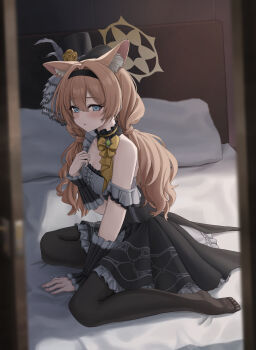 1girl absurdres animal_ear_fluff animal_ears black_hairband black_pantyhose blue_archive blue_eyes breasts cleavage commentary_request doumu_(31678316) hair_ornament hairband highres looking_at_viewer mari_(blue_archive) mari_(idol)_(blue_archive) medium_breasts official_alternate_costume orange_hair pantyhose sitting solo wrist_cuffs yellow_halon