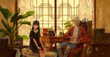 Rule 34 | 1boy, 1girl, animal, animal ears, black hair, black shirt, black skirt, blue pants, book, book stack, cat boy, cat ears, chair, chest of drawers, closed eyes, closed mouth, clothed animal, commentary request, cup, drum, holding, holding saucer, indoors, instrument, knee pads, long hair, long sleeves, mogoshin, mouse (animal), original, pants, plant, potted plant, profile, red robe, robe, saucer, shirt, short hair, short sleeves, sitting, sitting on drum, skirt, table, teacup, teapot, white hair, white shirt, window, wooden chair, wooden table