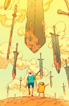 1boy adventure_time animal blue_shirt blue_shorts cloud commentary english_commentary finn_the_human floating highres jake_the_dog open_mouth outdoors piusbak shirt shorts sword too_many walking weapon