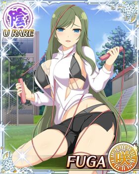 1girl black_bra black_panties black_shorts blue_eyes border bound bra breasts building card_(medium) character_name english_text fuga_(senran_kagura) game_cg green_hair groin jump_rope large_breasts long_hair looking_at_viewer mole mole_under_eye official_alternate_costume official_art outdoors panties parted_lips senran_kagura senran_kagura_new_wave shorts sitting smile solo stairs sweater swept_bangs tied_up_(nonsexual) torn_clothes underwear white_sweater