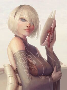 Rule 34 | 1girl, 2b (nier:automata), absurdres, black hairband, blue eyes, bob cut, commentary, detached sleeves, english commentary, fox mask, hairband, highres, holding, holding mask, japanese clothes, looking at viewer, mask, nier:automata, nier (series), pulkamen, shirt, short hair, sleeveless, solo, upper body, white shirt