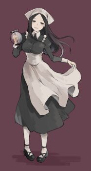 1girl alternate_costume apron apron_lift black_dress black_hair black_shoes breasts clothes_lift dress enmaided full_body holding_coffee_pot long_hair long_sleeves maid maid_apron mary_janes medium_breasts nishizono_ririka occultic;nine open_mouth science_adventure shoes smile solo tongue ueda_nanka2