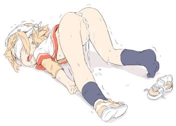 1girl after_anal after_vaginal aftersex ass bdsm black_socks blindfold blonde_hair bottomless bow bow_panties cum cum_in_ass cum_in_mouth cum_in_pussy cumdrip drooling female_focus full_body ham_(points) kise_saki loli mitsuboshi_colors object_on_head open_mouth original panties panties_on_head unworn_panties rape shirt shoes unworn_shoes simple_background single_shoe sock socks solo tongue top-down_bottom-up trembling uncensored underwear white_background white_panties white_shirt