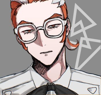 1boy 3egko black_bow black_bowtie bow bowtie glasses grisham_(pokemon) hair_pulled_back half-closed_eyes head_tilt highres lower_eyelashes_only male_focus multicolored_hair nintendo orange_eyes orange_hair parted_lips pokemon pokemon_legends:_z-a ponytail portrait short_ponytail solo thick_eyebrows two-tone_hair white-framed_eyewear white_hair
