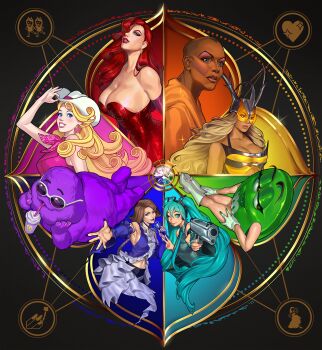 1boy 6+girls aqua_eyes aqua_hair aqua_nails bald bald_female barbie_(character) barbie_(franchise) bare_shoulders bendy_straw beyonce blonde_hair blue_eyes blue_shirt blue_sleeves boots breasts brown_hair character_request cleavage coco_montrese color_wheel_challenge copyright_request cowboy_hat cropped_torso curly_hair dark-skinned_female dark_skin dress drink drinking_straw earrings final_fantasy final_fantasy_x final_fantasy_x-2 gloves green_(m&amp;m&#039;s) green_nails grimace_(mcdonald&#039;s) gun hair_over_one_eye hat hatsune_miku high_heel_boots high_heels highres holding holding_gun holding_weapon horns jessica_rabbit jewelry large_breasts long_hair m&amp;m&#039;s matching_hair/eyes mcdonald&#039;s midriff multiple_drawing_challenge multiple_girls navel one_eye_closed oskar_vega parted_lips pink_shirt real_life red_dress red_hair red_lips shirt short_hair sideboob sleeveless sleeveless_shirt smile stereotypical_barbie_(live_action) strapless strapless_dress sunglasses twintails v vocaloid weapon white_footwear white_gloves white_headwear who_framed_roger_rabbit wink yuna_(ff10)