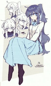 Rule 34 | 1girl, ahoge, barefoot, between legs, black pantyhose, black sweater, blue bow, blue skirt, blunt ends, blush, bow, bowtie, bright pupils, center-flap bangs, collared shirt, commentary request, double-parted bangs, embarrassed, expressionless, fluffy hair, flustered, flying sweatdrops, from above, from side, full body, grey eyes, hair intakes, hand between legs, high ponytail, highres, invisible chair, jitome, long hair, long sidelocks, long skirt, long sleeves, looking at viewer, looking down, looking to the side, multiple expressions, multiple views, original, pantyhose, partially colored, ponytail, portrait, shirt, sidelocks, signature, simple background, sitting, skirt, solo, sweatdrop, sweater, thick eyelashes, translation request, very long hair, white hair, white pupils, white shirt, zektbach1006