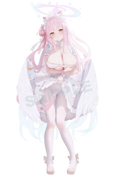1girl absurdres alternate_costume animal_ears blue_archive blush breasts cat_ears cleavage clothes_lift commentary covering_breasts covering_privates enmaided feathered_wings fingernails frilled_hairband frills full_body hair_bun hairband halo highres kemonomimi_mode large_breasts long_hair looking_at_viewer low_wings maid maid_headdress mika_(blue_archive) panties panties_over_pantyhose pantyhose parted_lips pink_hair pink_halo saki_(saki_paint) shoes simple_background single_side_bun skirt skirt_lift solo standing torn_clothes underwear very_long_hair white_background white_hairband white_panties white_pantyhose white_shoes white_skirt white_wings wings yellow_eyes