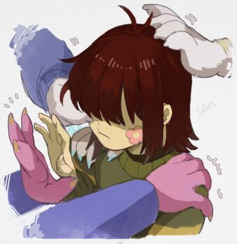 1other 3girls antenna_hair blue_nails brown_hair carol_holiday colored_skin commentary_request corogarucoromo deltarune green_sweater hair_over_eyes hand_on_another's_head hand_on_another's_shoulder highres kris_(deltarune) multiple_girls other_focus purple_skin purple_sleeves short_hair snowflakes sticker sticker_on_face susie_(deltarune) sweater toriel utdr_(toby_fox)