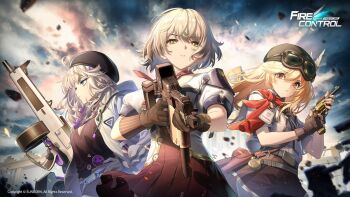 3girls aa-12_(girls'_frontline) black_dress blue_sky commentary dress english_commentary girls'_frontline girls'_frontline:_fire_control grey_hair gun holding holding_gun holding_weapon long_hair multiple_girls nagant_revolver_(girls'_frontline) official_art open_mouth red_eyes sky upper_body vector_(girls'_frontline) weapon