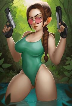 1girl braid breasts brown_eyes brown_hair cameltoe curvy fingerless_gloves glasses gloves green_one-piece_swimsuit gun handgun highleg highleg_one-piece_swimsuit holding holding_weapon jungle lara_croft large_breasts lips long_braid long_hair looking_at_viewer low-tied_long_hair monosloth nature one-piece_swimsuit shiny_clothes shiny_skin single_braid solo sunglasses swimsuit thick_thighs thighs tomb_raider water weapon