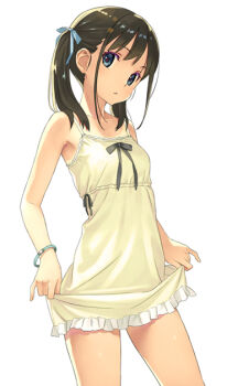 1girl :o bare_arms bare_shoulders black_hair blue_bow blue_eyes blush bow breasts commentary_request dress frilled_dress frills hair_bow head_tilt koutaro long_hair original parted_lips simple_background skirt_hold sleeveless sleeveless_dress small_breasts solo tan tanline white_background white_dress