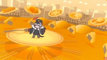 amedrama black_coat black_hat blue_archive building chibi coat coat_on_shoulders demon_tail domain_expansion dumpling food full_body halo haruna_(blue_archive) hat highres jiaozi long_hair onigiri outdoors pizza pocky spoon standing tail train white_hair