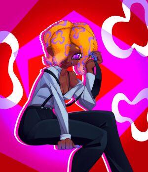 1girl abstract_background black_bra black_necktie black_pants black_suspenders bra breasts cephalopod_eyes cleavage collared_shirt dark-skinned_female dark_skin hair_over_one_eye hand_up highres invisible_chair kirbybim long_sleeves medium_breasts necktie nintendo octoling off_shoulder orange_hair pants partially_unbuttoned patterned_hair purple_eyes shirt sitting solo splatoon_(series) splatoon_3 tao_blu_(splatoon) tentacle_hair underwear unworn_necktie white_shirt