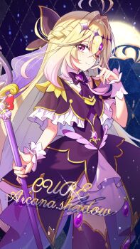 1girl antenna_hair black_bow black_bowtie black_capelet black_dress black_thighhighs blonde_hair bow bowtie braid brooch capelet character_name closed_mouth commentary_request crossed_bangs cure_arcana_shadow diamond_hairband dress frilled_capelet frills gradient_hair hair_between_eyes hair_intakes half_up_braid heart heart_brooch heart_in_eye highres holding holding_wand jewelry long_hair looking_at_viewer meitantei_precure! moria_ruruka multicolored_hair nail_polish one_eye_closed pink_eyes pink_hair precure purple_nails rice_rabbit22 smile solo split_mouth symbol_in_eye thighhighs two-tone_hair very_long_hair wand white_wrist_cuffs wrist_cuffs