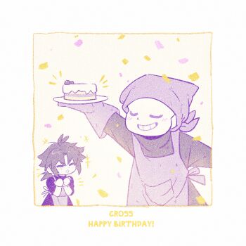 2boys :d :o ^_^ absurdres alternate_universe antenna_hair apron arm_up black_sweater cake cake_slice character_name chinese_commentary clenched_hands closed_eyes commentary_request confetti elbow_gloves facing_another film_grain food frisk_(undertale) fruit gloves grey_apron grey_hair grey_sweater grin hair_between_eyes hanbaobaobaozhu hands_up happy_birthday headscarf highres holding holding_plate low_ponytail male_focus medium_hair multiple_boys open_mouth plate ponytail purple_apron purple_gloves purple_headscarf sans_(undertale) scar scar_across_eye scar_on_face simple_background skeleton smile strawberry sweater turtleneck turtleneck_sweater u_u undertale upper_body utdr_(toby_fox) white_gloves xtale yellow_background