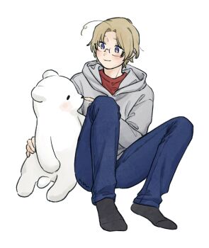 1boy ahoge animal animal_ears animal_nose axis_powers_hetalia bear bear_ears bear_tail black-framed_eyewear black_socks blonde_hair blue_pants blush canada_(hetalia) closed_mouth commentary_request full_body glasses grey_hoodie hand_up highres hood hoodie index_finger_raised long_sleeves looking_at_animal male_focus mi_aph_to no_shoes pants pet polar_bear puffy_long_sleeves puffy_sleeves purple_eyes red_shirt semi-rimless_eyewear shirt short_hair simple_background sitting smile socks spread_legs t-shirt tail white_background white_fur