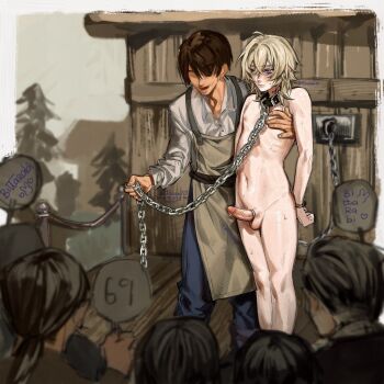 auction aventurine_(honkai:_star_rail) bittarabi blonde_hair chain chain_leash clothed_male_nude_male cock_ring collar cuffed erection faceless faceless_male hand_on_another's_chest highres honkai:_star_rail honkai_(series) leaking leash male_focus multicolored_eyes nude penis sale_of_human sex_toy slave sweat