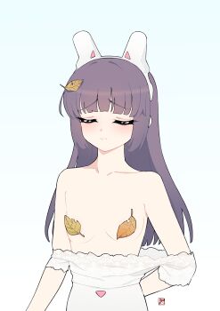 1girl animal_ears bare_shoulders black_hair blue_archive blunt_bangs breasts censored censored_nipples closed_eyes clothes_pull collarbone convenient_censoring dress dress_pull embarrassed frown gradient_background hairband highres leaf leaf_censor light_blush long_hair miyu_(blue_archive) short_sleeves sidelocks signature simple_background small_breasts solo straight_hair upper_body white_background white_dress yan_wan