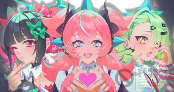 3girls angels_of_delusion aqua_hair aqua_streaks aria_(human)_(zenless_zone_zero) aria_(zenless_zone_zero) arm_warmers bandaid bandaid_hair_ornament black_bow black_choker black_hair blue_eyes bow choker commentary_request crossed_bangs earrings finger_heart fingerless_gloves four-finger_heart_hands gloves green_bow green_eyes green_hair green_halo green_nails hair_between_eyes hair_bow hair_ornament hairclip hairpin half-heart_hands halo heart heart_hair_ornament heart_hands highres jewelry looking_at_viewer multicolored_hair multiple_girls multiple_hair_bows multiple_hairclips musical_note_earrings nangong_yu necktie one_eye_closed pink_arm_warmers pink_bow pink_gloves pink_hair red_eyes red_nails red_necktie shirt sparkling_eyes streaked_hair striped_arm_warmers sunna_(zenless_zone_zero) twitter_username white_shirt zenless_zone_zero zunda_kaku