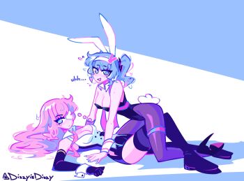 2girls black_leotard black_pantyhose black_thighhighs blue_hair dizzyisdizzy eyepatch girl_on_top hatsune_miku leotard lying megurine_luka multiple_girls on_back pantyhose pink_hair playboy_bunny rabbit_hole_(vocaloid) thighhighs vocaloid yuri