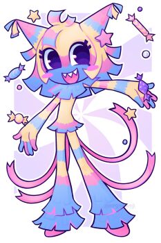 1girl :d \||/ absurdres black_eyes blonde_hair blue_fur blue_hair blue_horns blue_leg_warmers blunt_bangs blunt_ends blunt_sidelocks blush_stickers border candy candy_wrapper commentary dandy's_world english_commentary flat_chest flipped_hair food full_body furry furry_female highres holding holding_candy holding_food horns leg_warmers looking_at_viewer marshmarush multiple_tails neck_ruff no_eyebrows no_pupils open_mouth outline outside_border outstretched_arms pink_fur pink_hair pink_horns pink_shoes pink_tail purple_background roblox sharp_teeth shoes short_hair sidelocks sideways_glance simple_background smile solo standing star_(symbol) striped_fur tail tareme teeth twitter_username two-tone_background upper_teeth_only white_background white_border white_outline yatta_(dandy's_world) yellow_fur