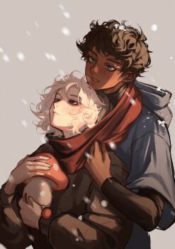 2boys absurdres black_coat black_eyes black_hair black_shirt blue_coat blue_eyes breath coat commentary dungeon_meshi english_commentary expressionless highres holding holding_mushroom hood hood_down hooded_coat hug hug_from_behind kabru long_sleeves male_focus mithrun multiple_boys mushroom open_mouth pluvioseprince red_scarf scar scar_on_neck scarf shared_clothes shared_scarf shirt short_hair simple_background snowing teeth turtleneck turtleneck_shirt upper_teeth_only white_hair yaoi