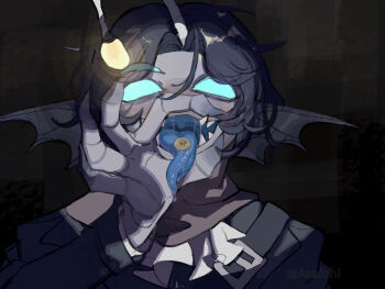 1boy accessories anglerfish_boy asaichi ascot bandolier belt belt_buckle black_background black_hair black_jacket blue_scales blue_sclera blue_skin blue_tongue blush buckle claws coin colored_sclera colored_skin colored_tongue drooling extra_eyes fellatio_gesture fingernails fins fish fish_tail grey_scarf hand_up head_fins highres jacket long_sleeves merman monster_boy open_mouth parted_bangs pressure_(roblox) roblox saliva saliva_trail scarf sebastian_solace sexually_suggestive sharp_fingernails sharp_teeth short_hair simple_background solo tail teeth third_eye tongue tongue_out upper_body white_ascot