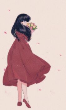 absurdres black_eyes black_hair bouquet cherry_blossoms dress en_0410 flower from_behind high_heels highres long_hair maison_ikkoku otonashi_kyouko pink_background pink_flower red_dress red_shoes shoes yellow_flowers