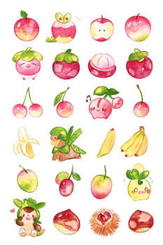 :d ^_^ absurdres apple applin banana bounsweet cherry cherubi chespin chestnut closed_eyes colored_pencil_(medium) flying_sweatdrops food food_focus fruit gen_3_pokemon gen_4_pokemon gen_6_pokemon gen_7_pokemon gen_8_pokemon happy heart highres looking_at_viewer mango mangosteen musical_note nintendo no_humans o_o open_mouth painting_(medium) pokemon pokemon_(creature) simple_background smile smoliv traditional_media tropius watercolor_(medium) waving white_background worried yukichi_0611