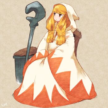1girl blonde_hair brown_eyes brown_gloves chair final_fantasy final_fantasy_tactics gloves grey_background highres hood hood_up long_hair pmx red_trim robe simple_background sitting solo staff twintails unworn_gloves weapon white_mage white_mage_(fft) white_mage_(final_fantasy) wide_sleeves
