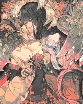 Rule 34 | 2girls, automaton (object), bare shoulders, black hair, breasts, brown hair, closed eyes, closed mouth, columbina (genshin impact), cracked skin, crying, crying with eyes open, detached collar, detached sleeves, dress, flower, genshin impact, hair ornament, hand on another's face, head wings, headdress, highres, ichigoh, long hair, long sleeves, multicolored hair, multiple girls, multiple wings, pink hair, sandrone (genshin impact), short hair with long locks, streaming tears, tears, two-tone hair, white dress, winding key, wing hair ornament, wings, yuri