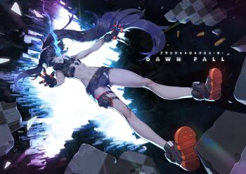 1girl 3d 3d_background absurdres bare_shoulders belt black_footwear black_gloves black_rock_shooter black_rock_shooter:_dawn_fall black_rock_shooter_(character) blender_(medium) blue_eyes blue_fire blue_hair checkered_floor crack cube dark_blue_hair english_text falling fire fire flaming_eye gloves glowing hair_between_eyes highres long_hair mar10 navel open_hands parted_lips pouch reaching reaching_towards_viewer science_fiction shell_casing solo star_(symbol) teeth thigh_pouch thigh_strap twintails upper_teeth_only